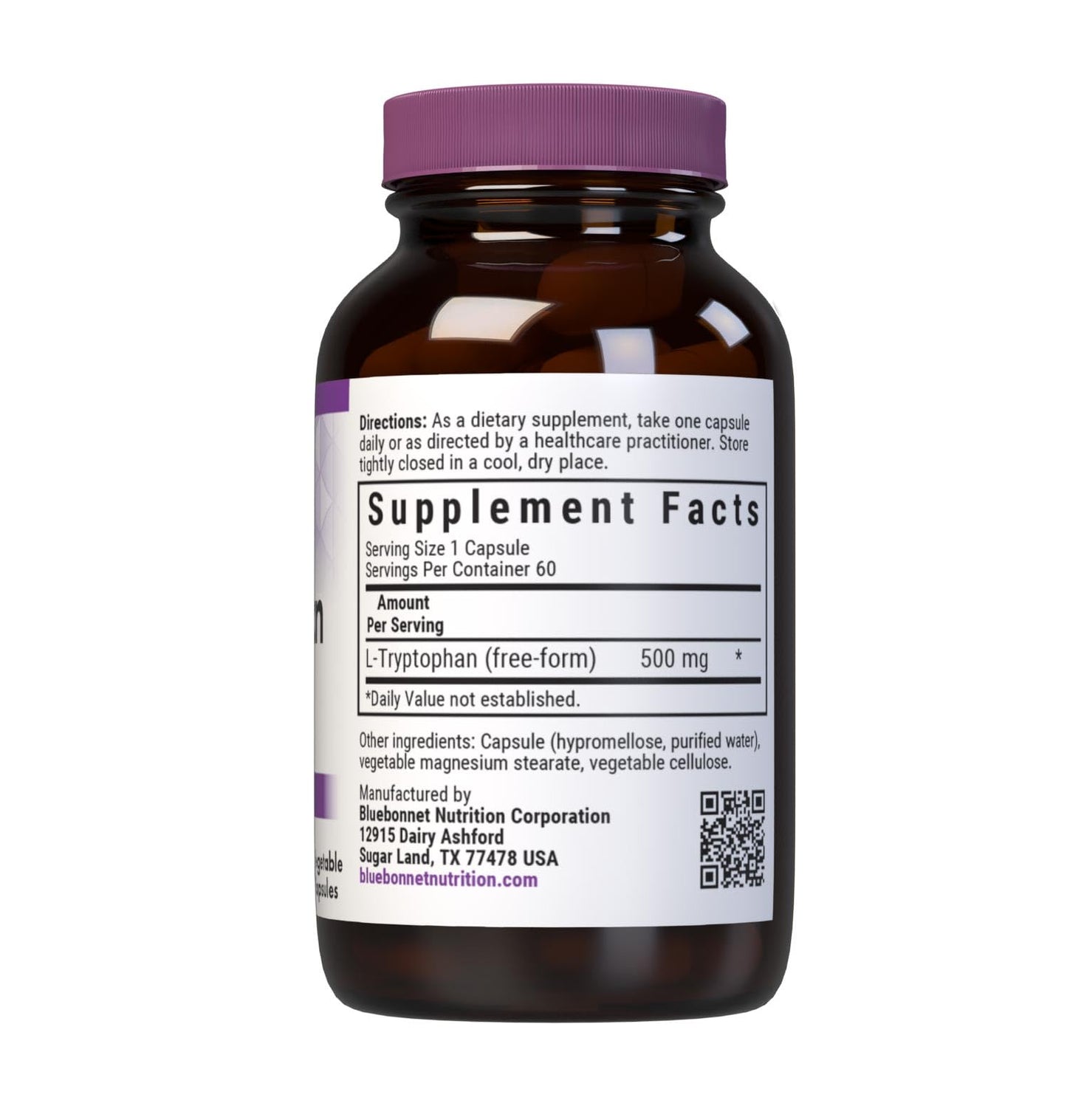Bluebonnet Nutrition L-Tryptophan 500 mg Veg Capsules – Mood & Sleep Support, 60 Servings, Non-GMO, Vegan, Gluten-Free, Soy-Free