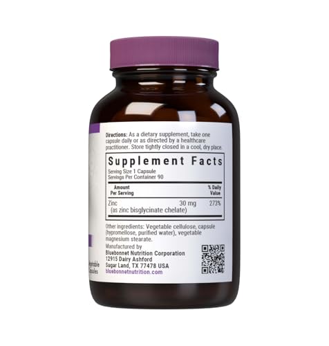 Bluebonnet Albion Chelated Zinc 30 mg – Immune Support & Enzyme Function | 90 Veg Capsules