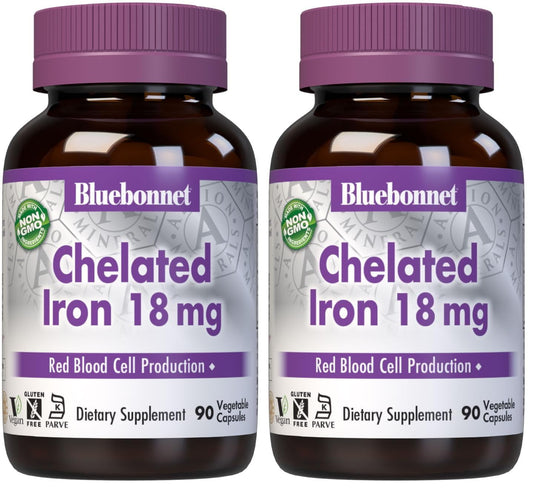 Bluebonnet Chelated Iron 18 mg - Non-Constipating, Vegan, Kosher, Gluten-Free | Pack of 2 (180 capsules)