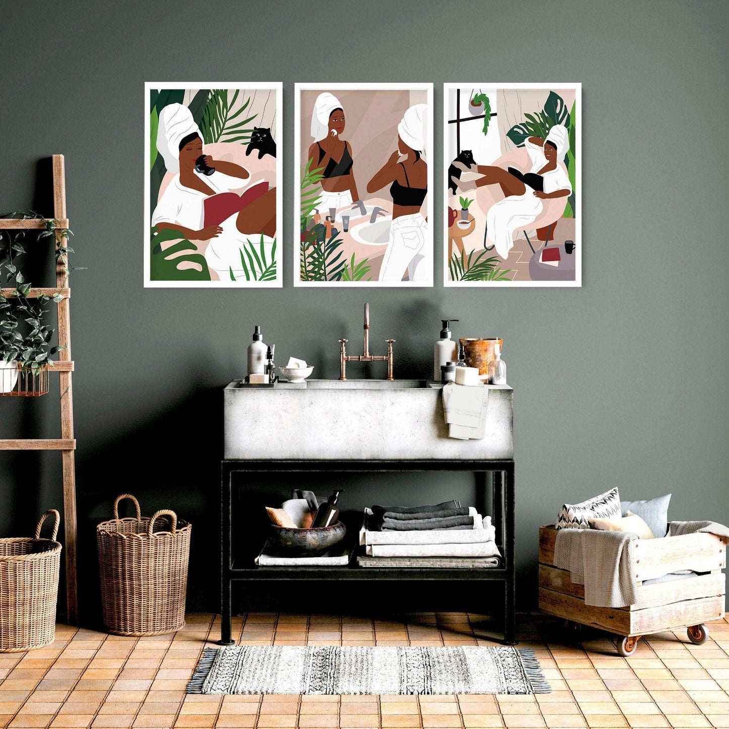 Bathroom art for walls | set of 3 Bohemian wall art