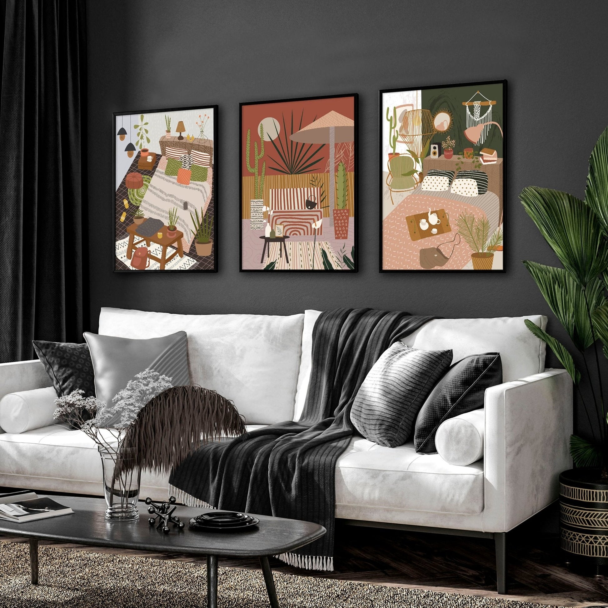 Wall pictures living room | set of 3 Bohemian art prints