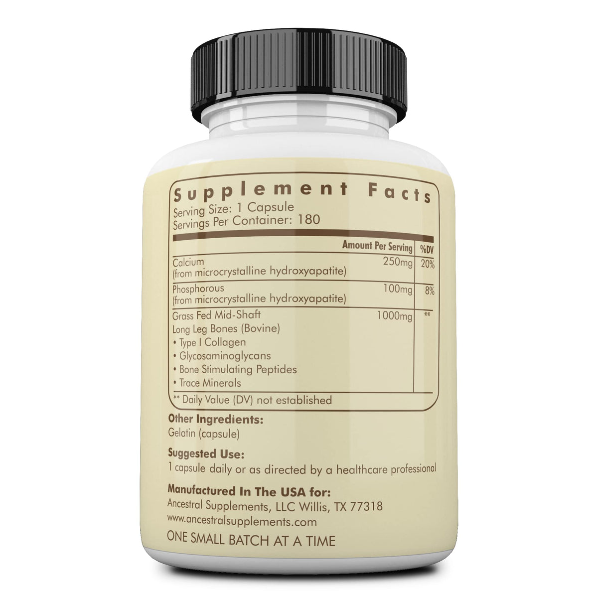 Ancestral Supplements Grass-Fed Beef Living Bone Supplement - Bone Health, Joint Support, Non-GMO, 180 Capsules