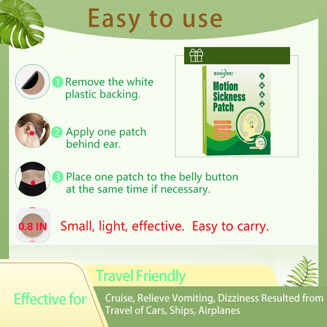 BONIORRI Motion Sickness Patches – Non-Drowsy Behind-Ear Sea Patches (12 Count)