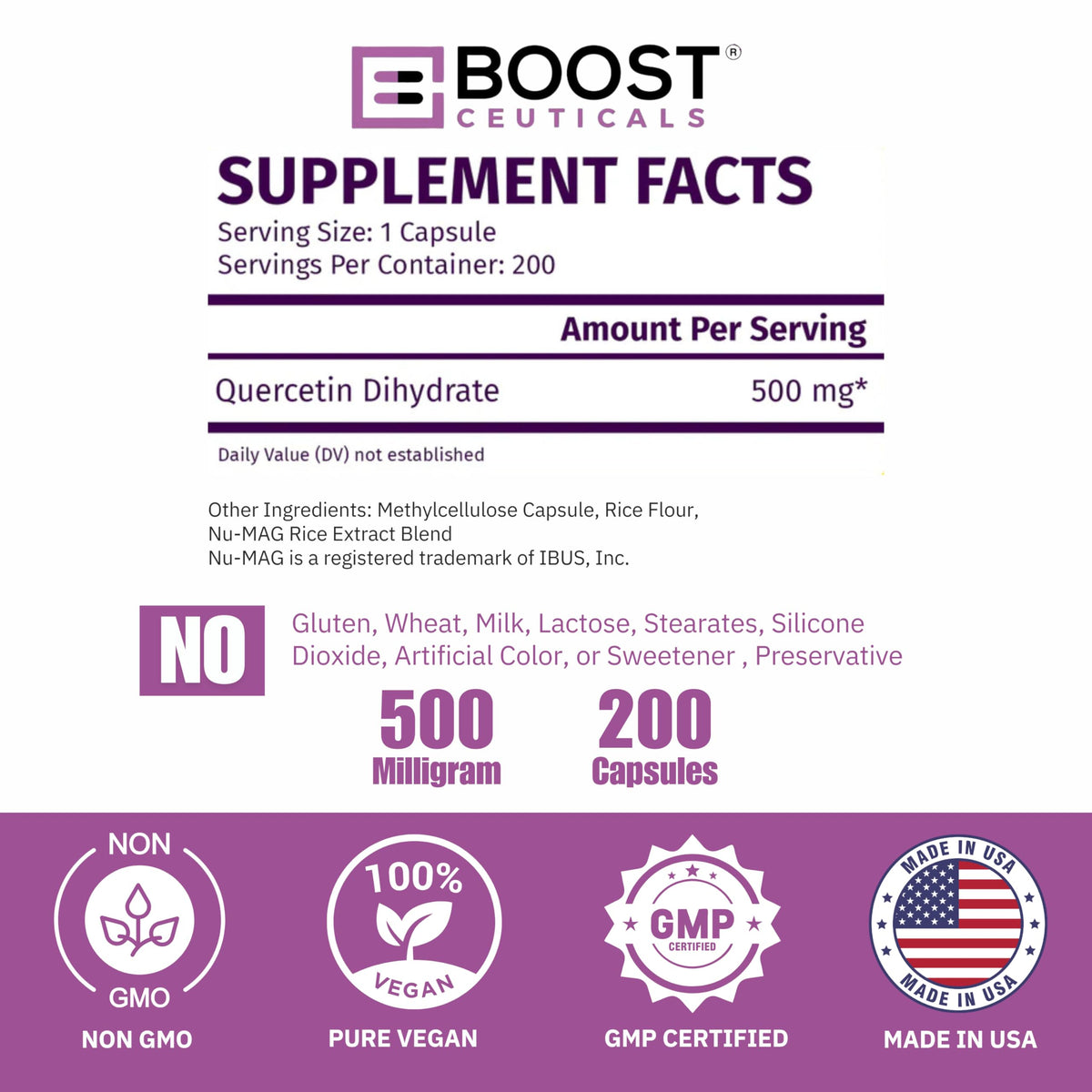 BoostCeuticals Quercetin 200 500mg Vegan Capsules – Gluten Free, Non-GMO