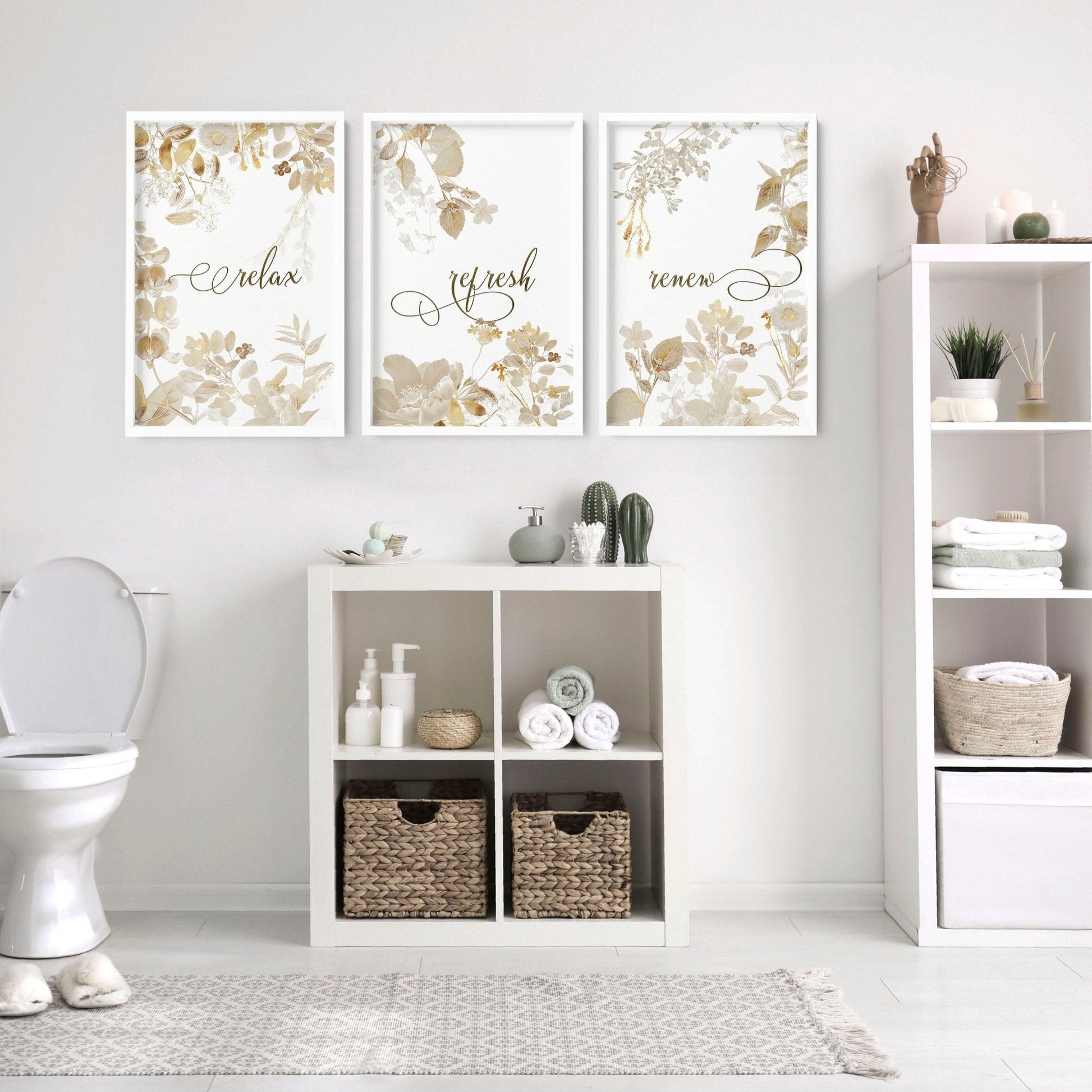 Bathroom pictures framed | Set of 3 Botanical Gold wall art prints