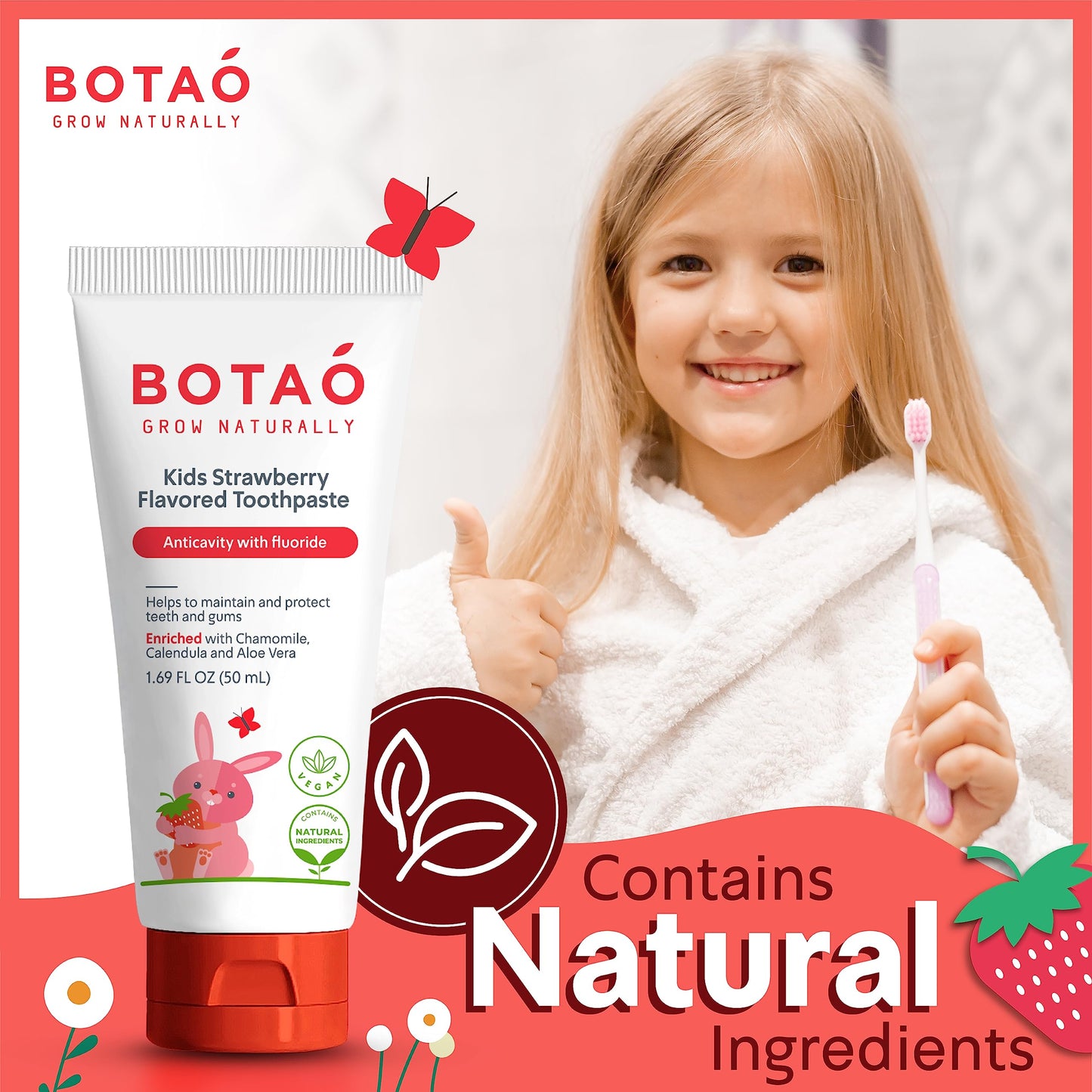 BOTAO Kids Toothpaste | Natural Strawberry Flavored Anticavity Fluoride Toothpaste Maximum Cavity Protection| EWG Verified, Vegan, SLS Free, Safe to Swallow, Aloe Vera (3Pack)