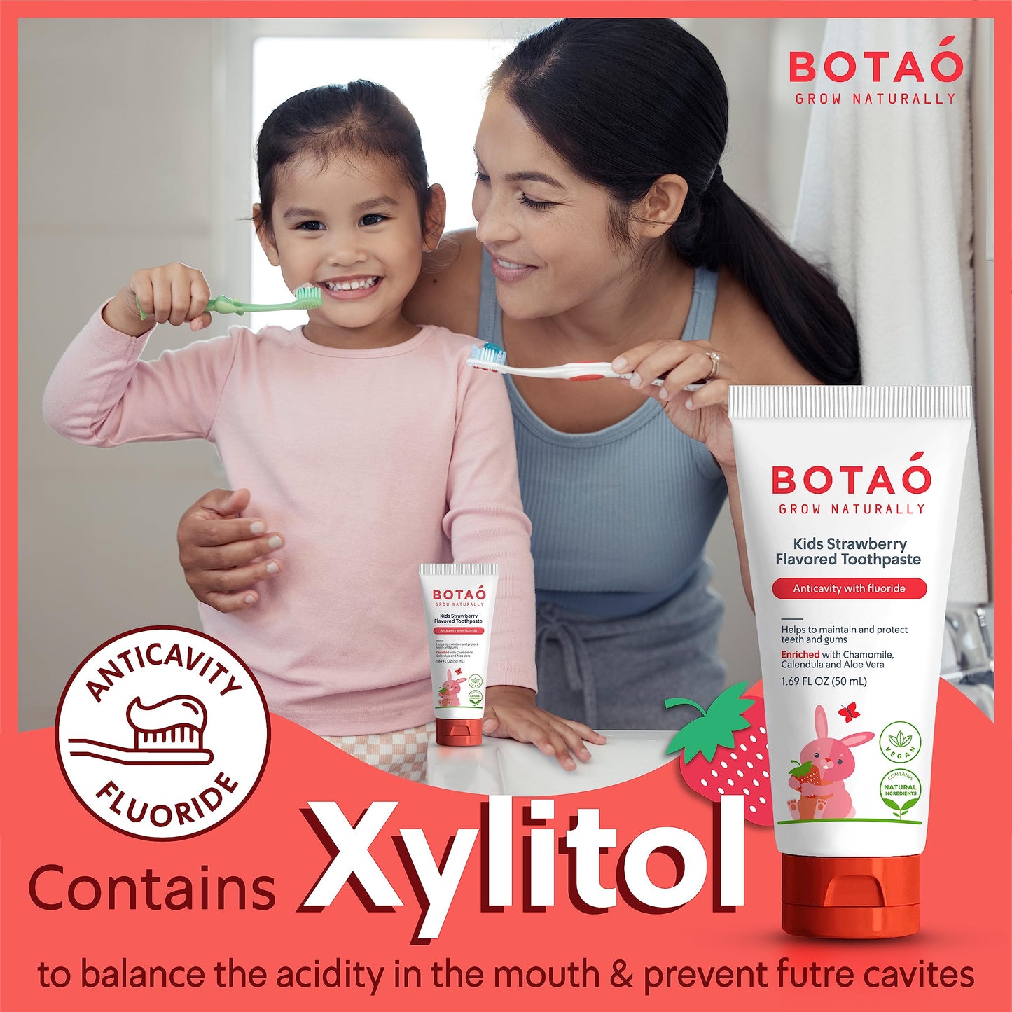 BOTAO Kids Toothpaste | Natural Strawberry Flavored Anticavity Fluoride Toothpaste Maximum Cavity Protection| EWG Verified, Vegan, SLS Free, Safe to Swallow, Aloe Vera (3Pack)