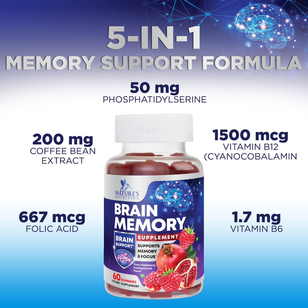 Brain Supplements for Memory & Focus Gummies - 60 Vegan Gummies | Nature's Nutrition