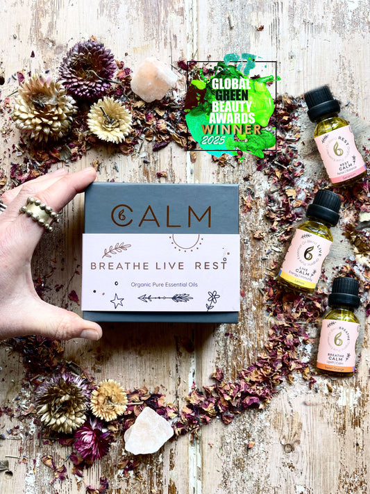 B Calm Blended Essential Oil Gift Set – Breathe, Live & Rest – Stress Relief, Energy Boost & Sleep & Hormone Support – 3×10ml
