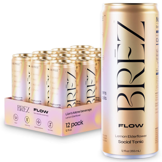 BRĒZ FLOW Lion’s Mane Drink, 12 Pack — Lemon Elderflower (Non-Alcoholic)