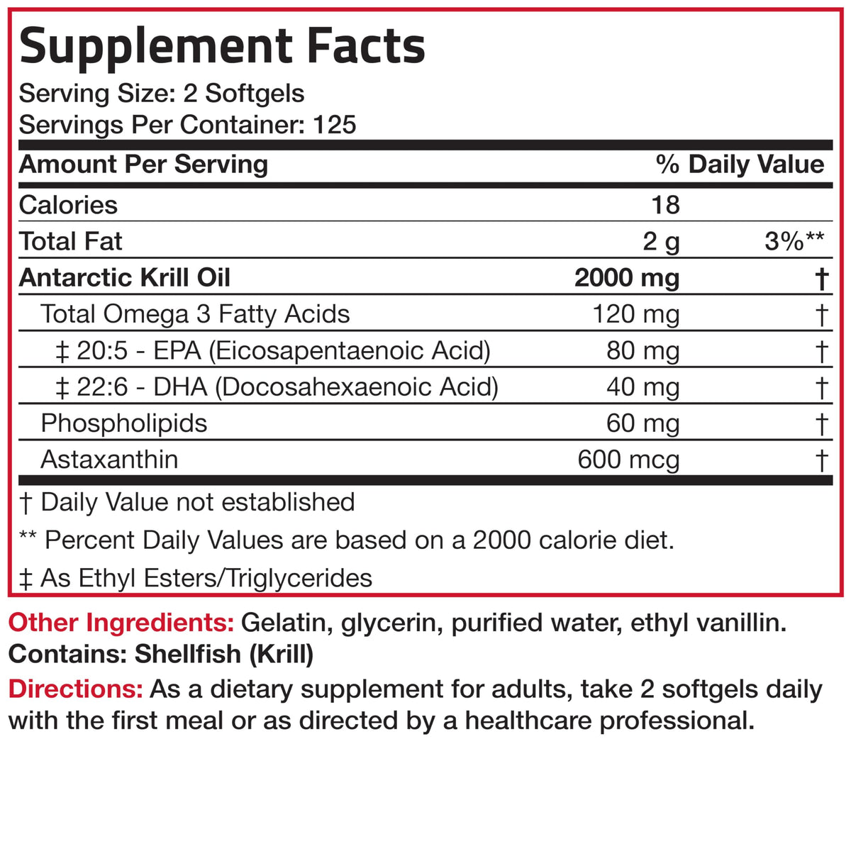 Bronson Antarctic Krill Oil 2000 mg with Omega-3s EPA, DHA, Astaxanthin and Phospholipids - 250 Softgels (125 Servings)