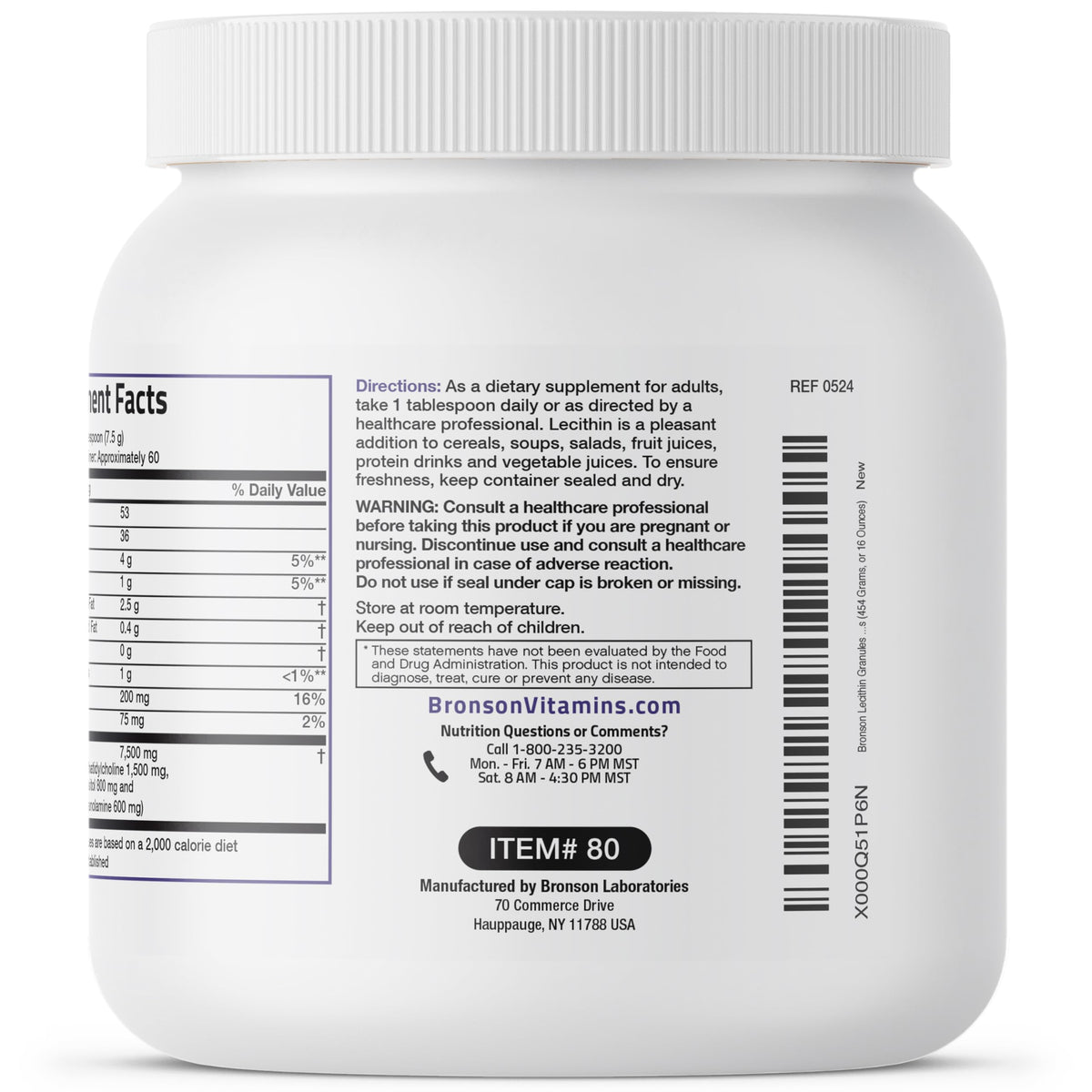 Bronson Lecithin Granules (Powder) 7500 MG, 1 Lbs (454 Grams, or 16 Ounces) | Bronson