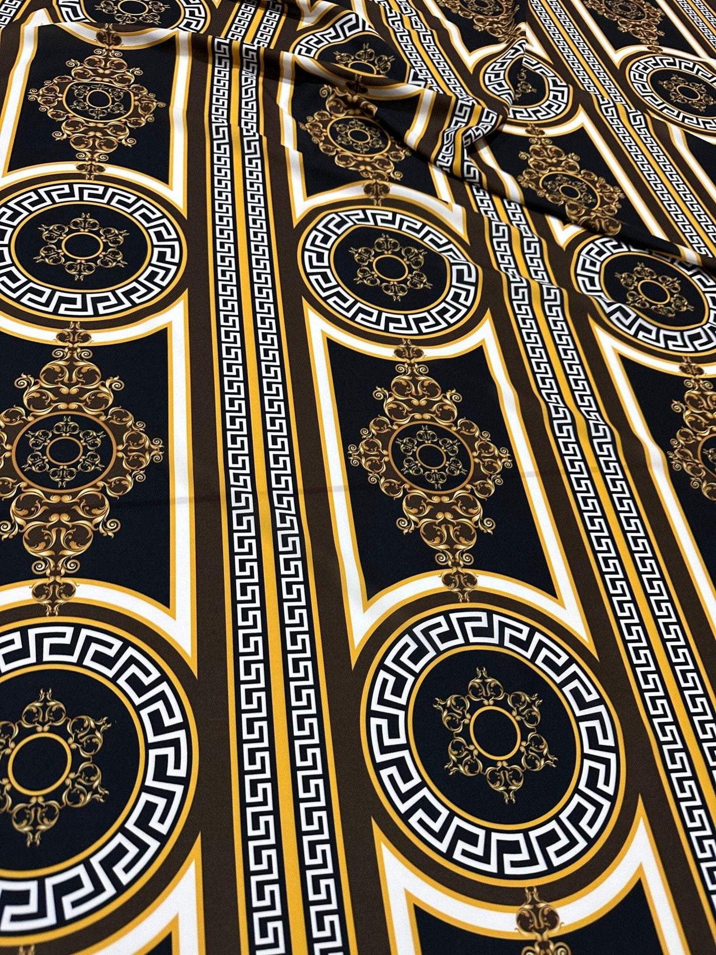 Brown Silky Crepe Fabric with Greek Key Pattern Fabric by Metre
