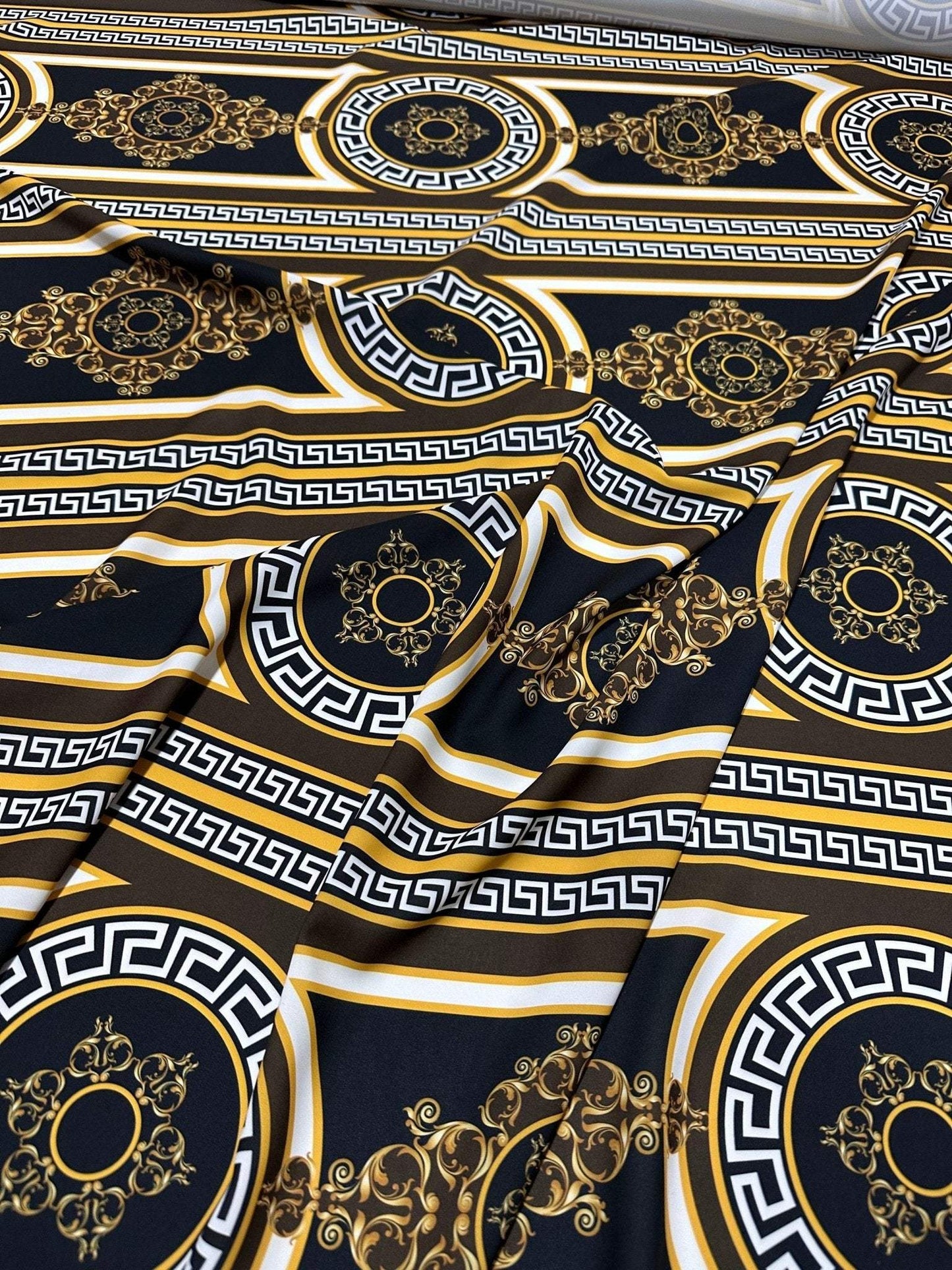 Brown Silky Crepe Fabric with Greek Key Pattern Fabric by Metre