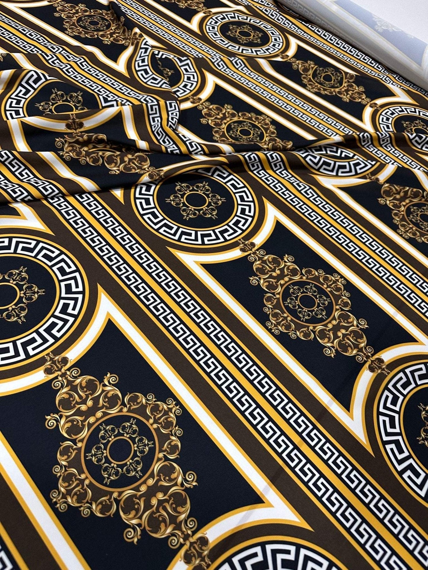 Brown Silky Crepe Fabric with Greek Key Pattern Fabric by Metre