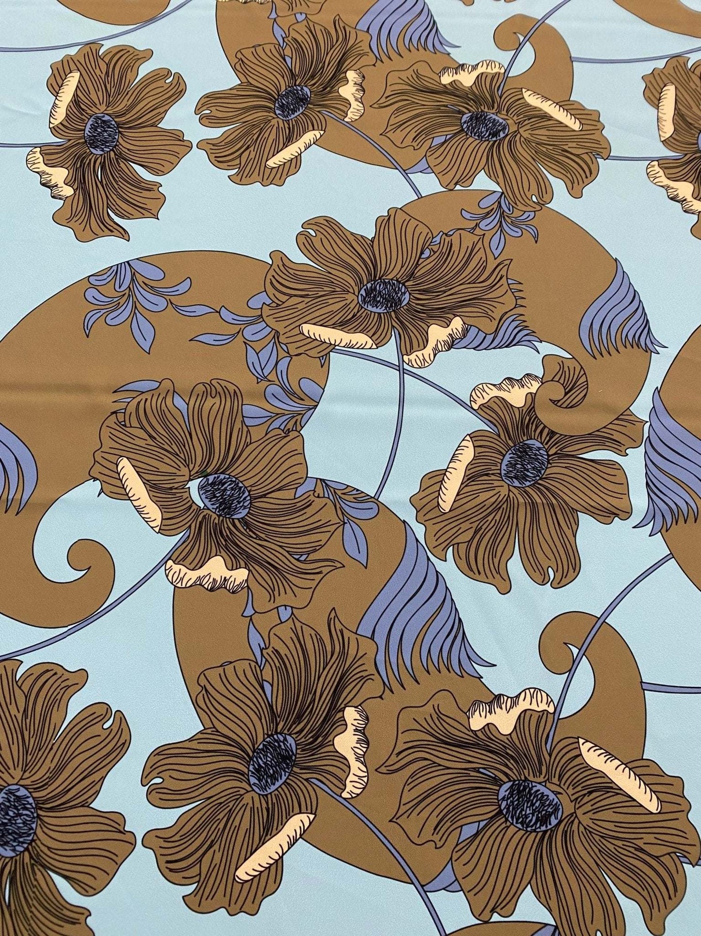 Brown Floral Print Fabric on Light Blue Background by Metre
