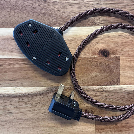 Brown / Gold / Yellow Braided Fabric Decorative Extension Lead - 2 Gang Black Trailing Socket