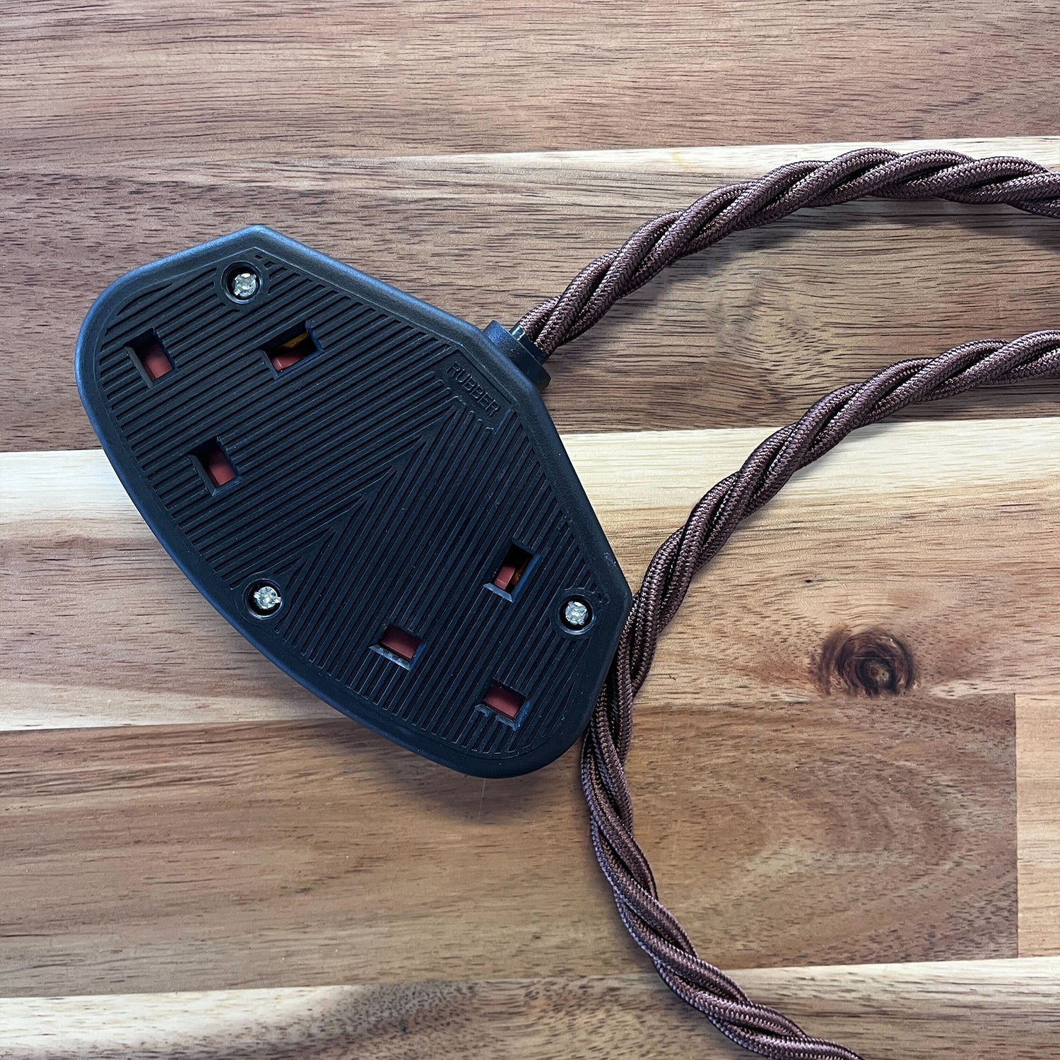 Brown / Gold / Yellow Braided Fabric Decorative Extension Lead - 2 Gang Black Trailing Socket