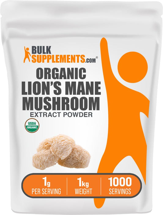 BulkSupplements Organic Lion's Mane Mushroom Extract Powder | Vegan, 1g/Serving, 1kg
