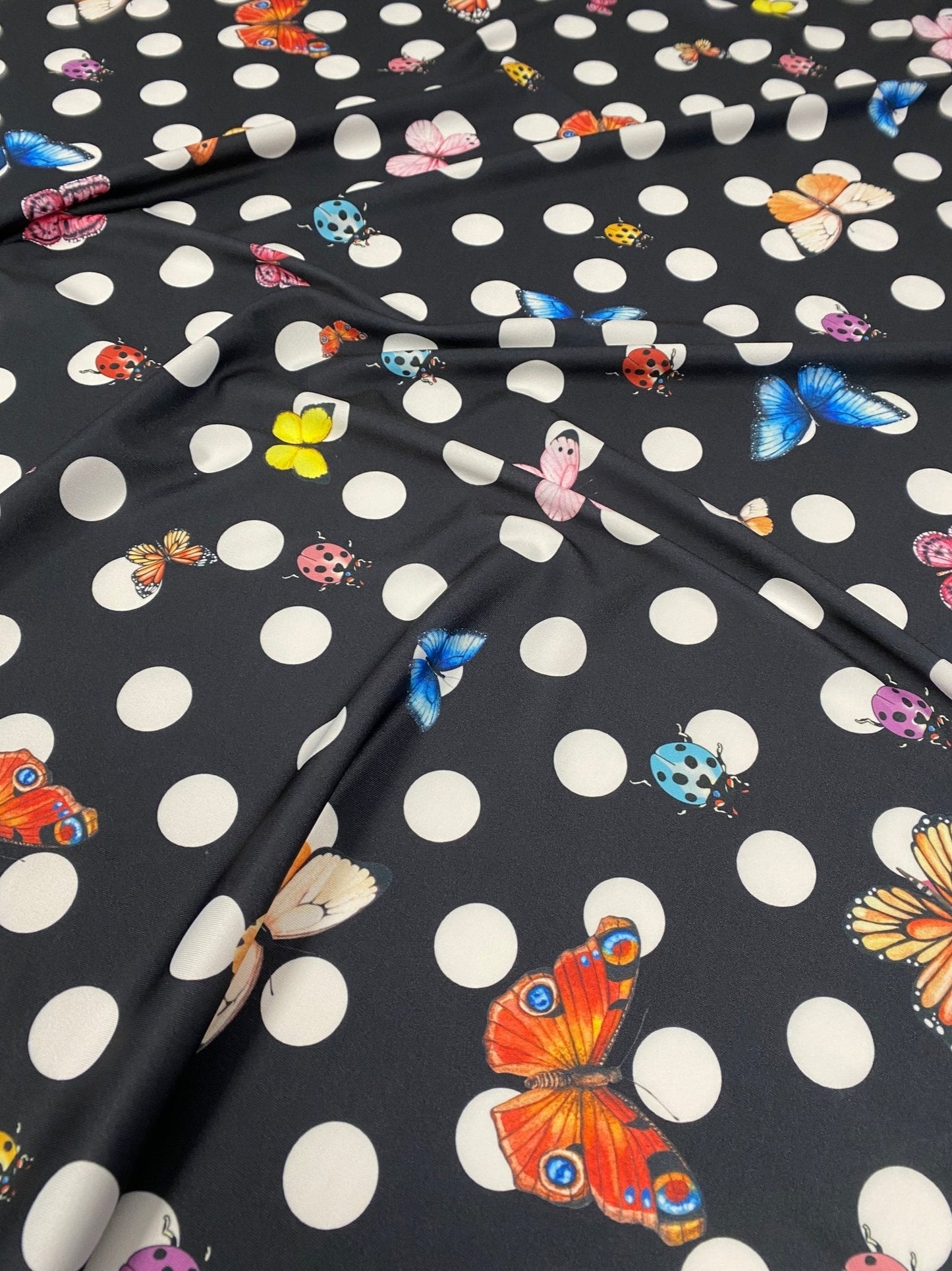 Black Butterfly & Ladybird Polka Dot Fabric by the Metre