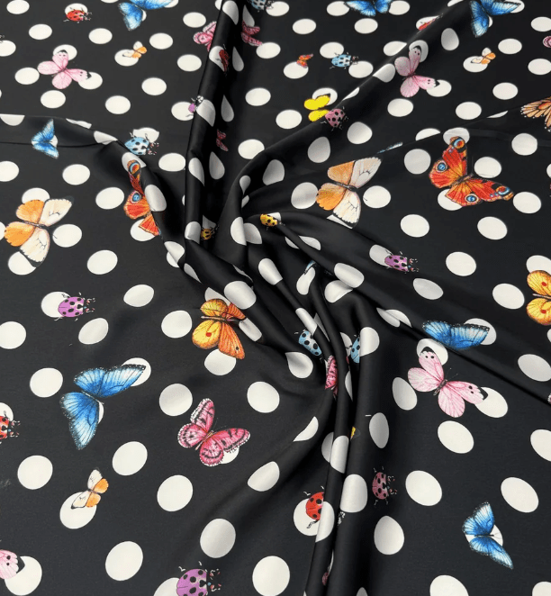 Black Butterfly & Ladybird Polka Dot Fabric by the Metre