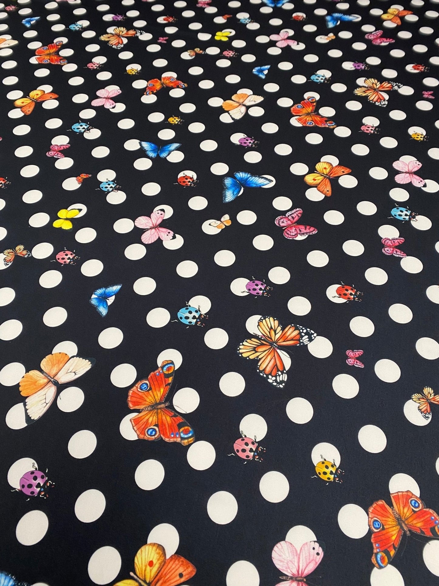 Black Butterfly & Ladybird Polka Dot Fabric by the Metre