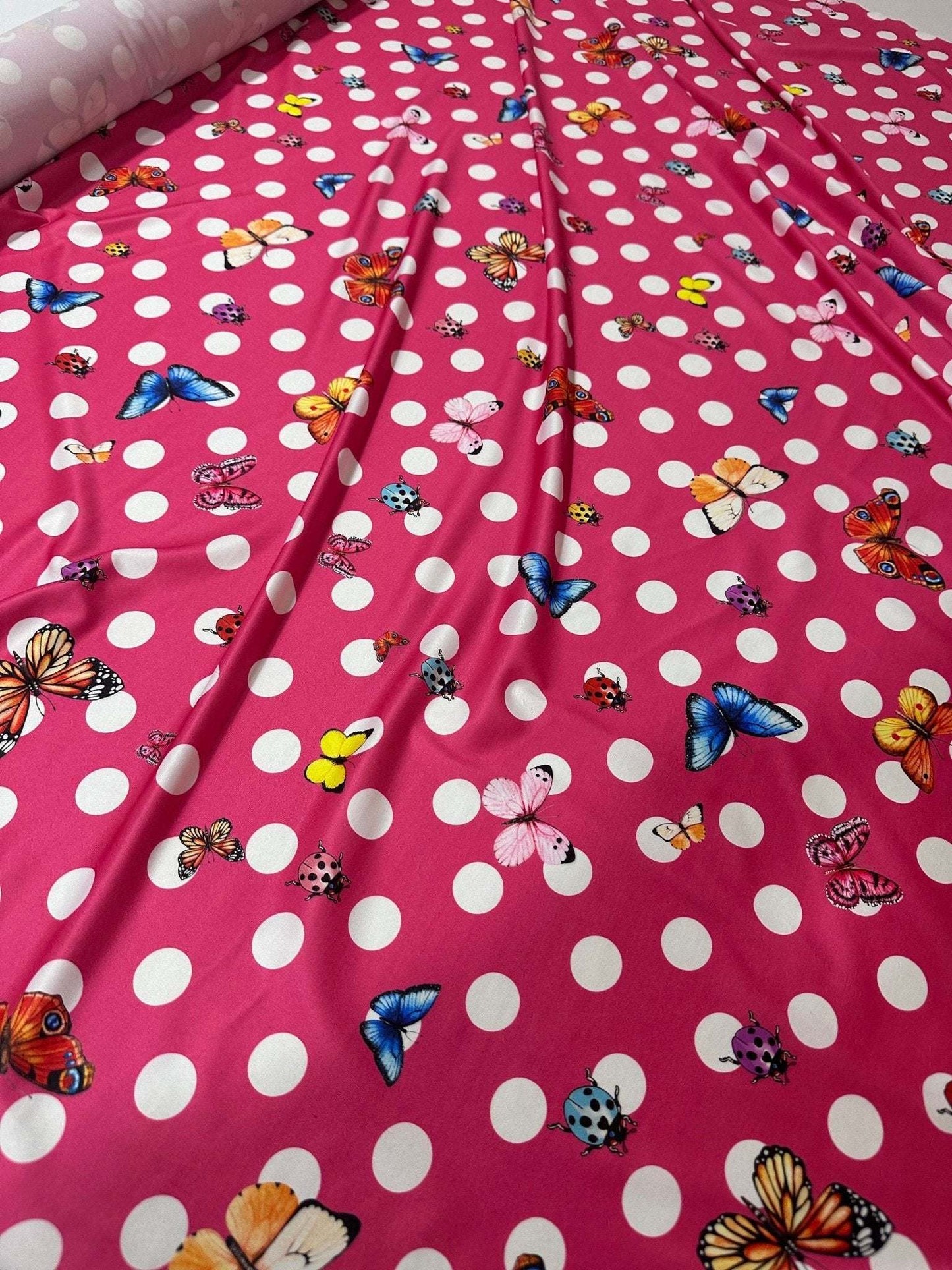 Pink Butterfly & Ladybird Polka Dot Fabric by the Metre