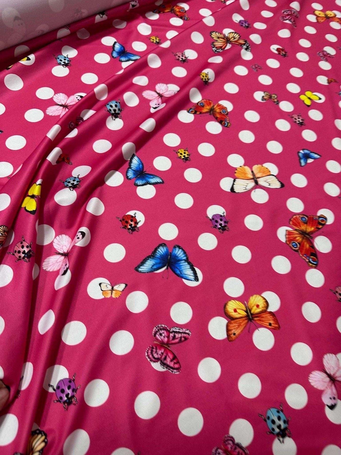 Pink Butterfly & Ladybird Polka Dot Fabric by the Metre