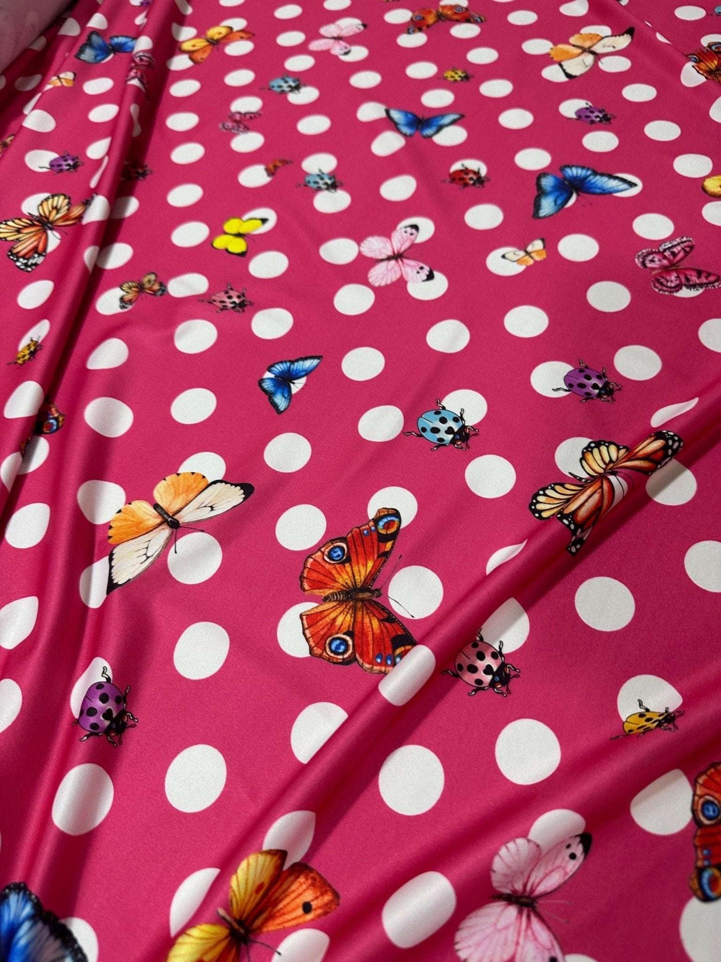 Pink Butterfly & Ladybird Polka Dot Fabric by the Metre