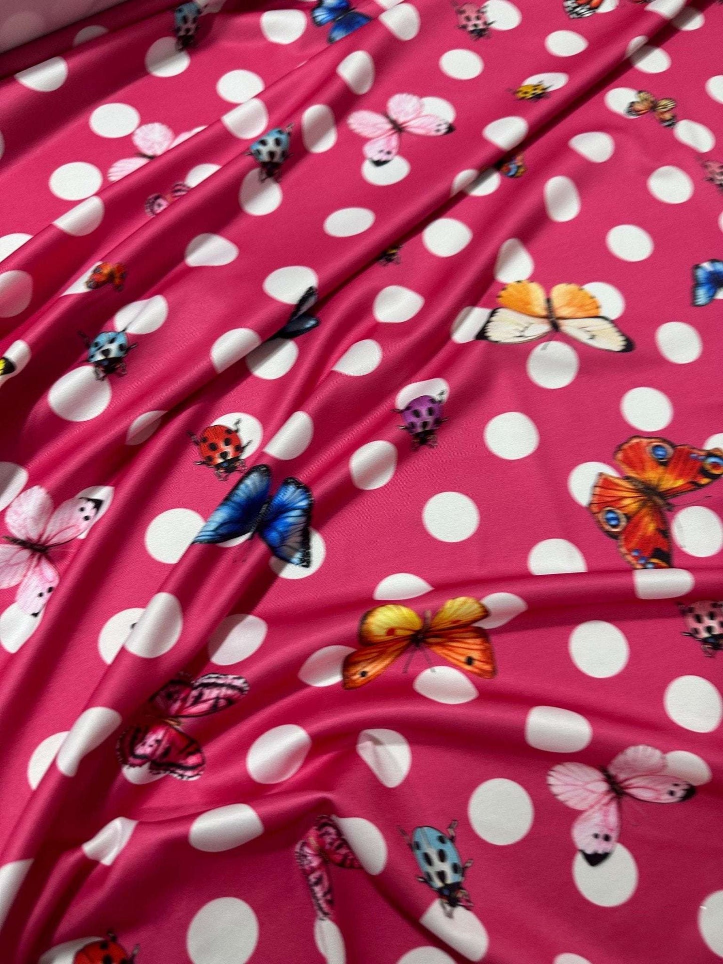 Pink Butterfly & Ladybird Polka Dot Fabric by the Metre