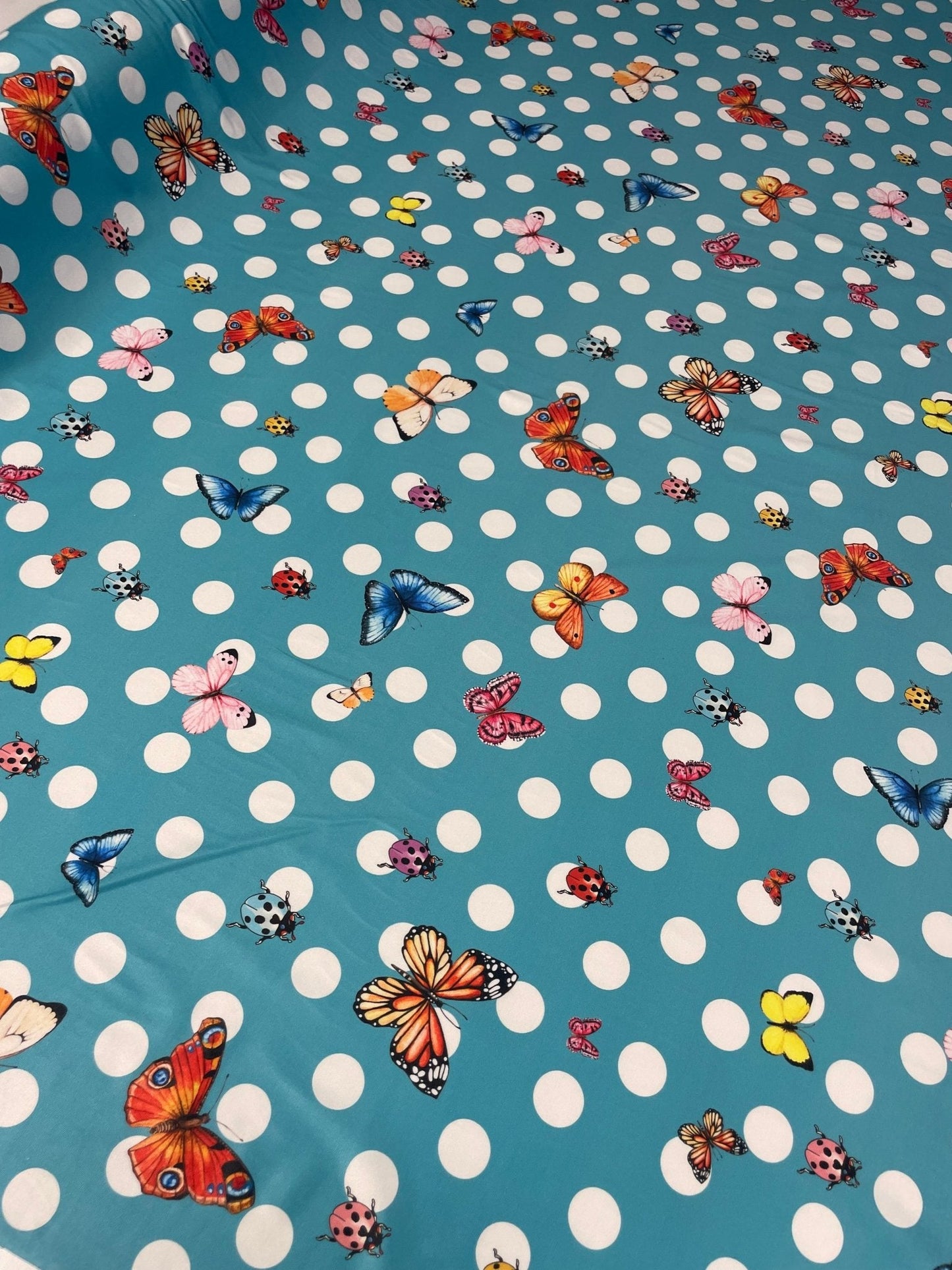 Baby Blue Butterfly & Ladybird Polka Dot Fabric by the Metre