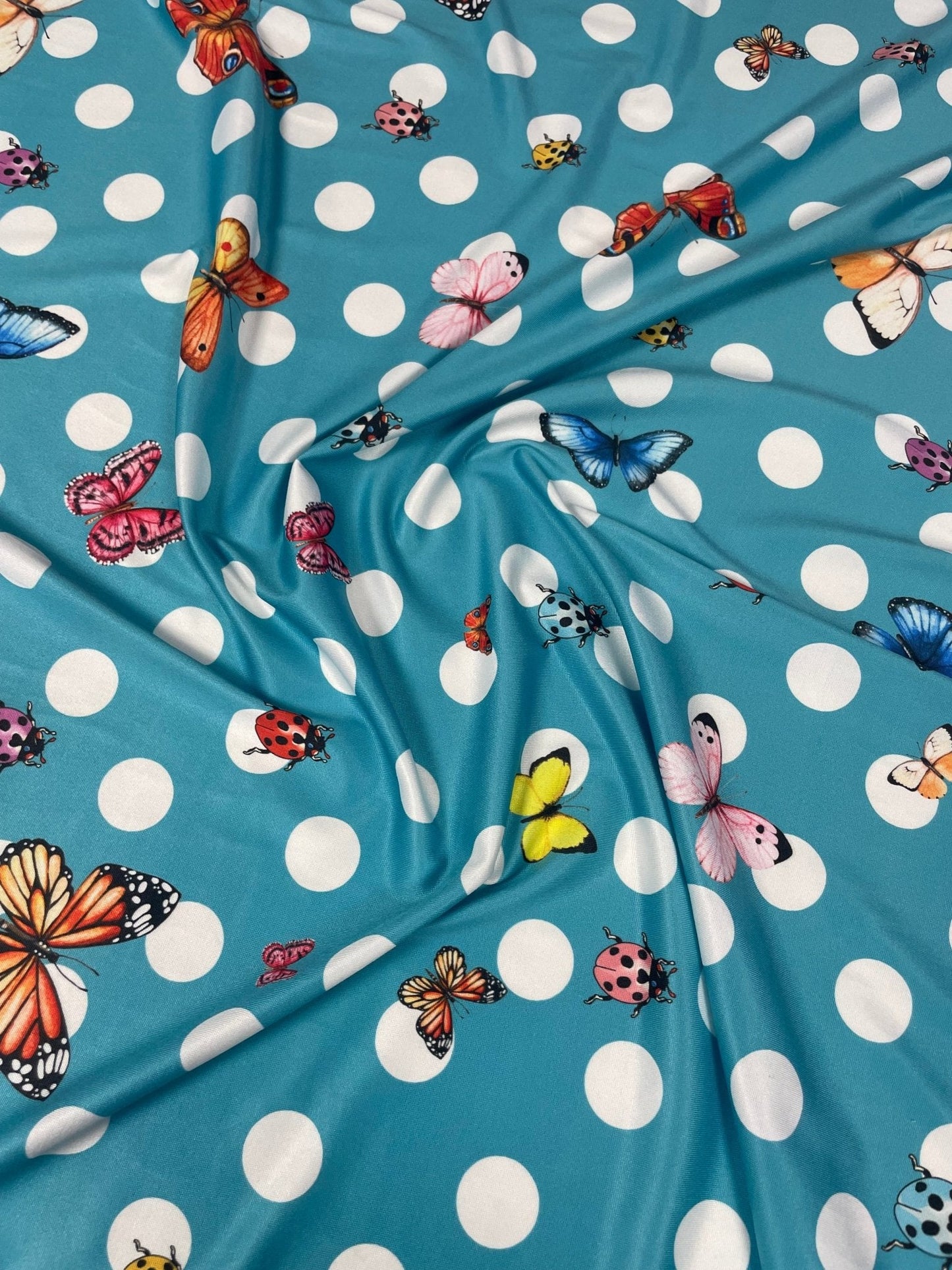 Baby Blue Butterfly & Ladybird Polka Dot Fabric by the Metre