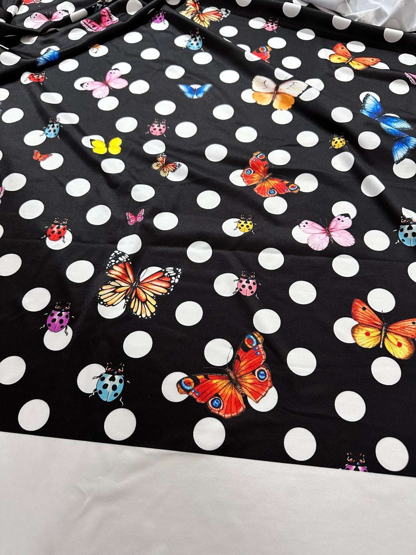 Black Polka Dot Butterfly Fabric – Custom Printed Fabric on Satin, Crepe, Spandex or Chiffon