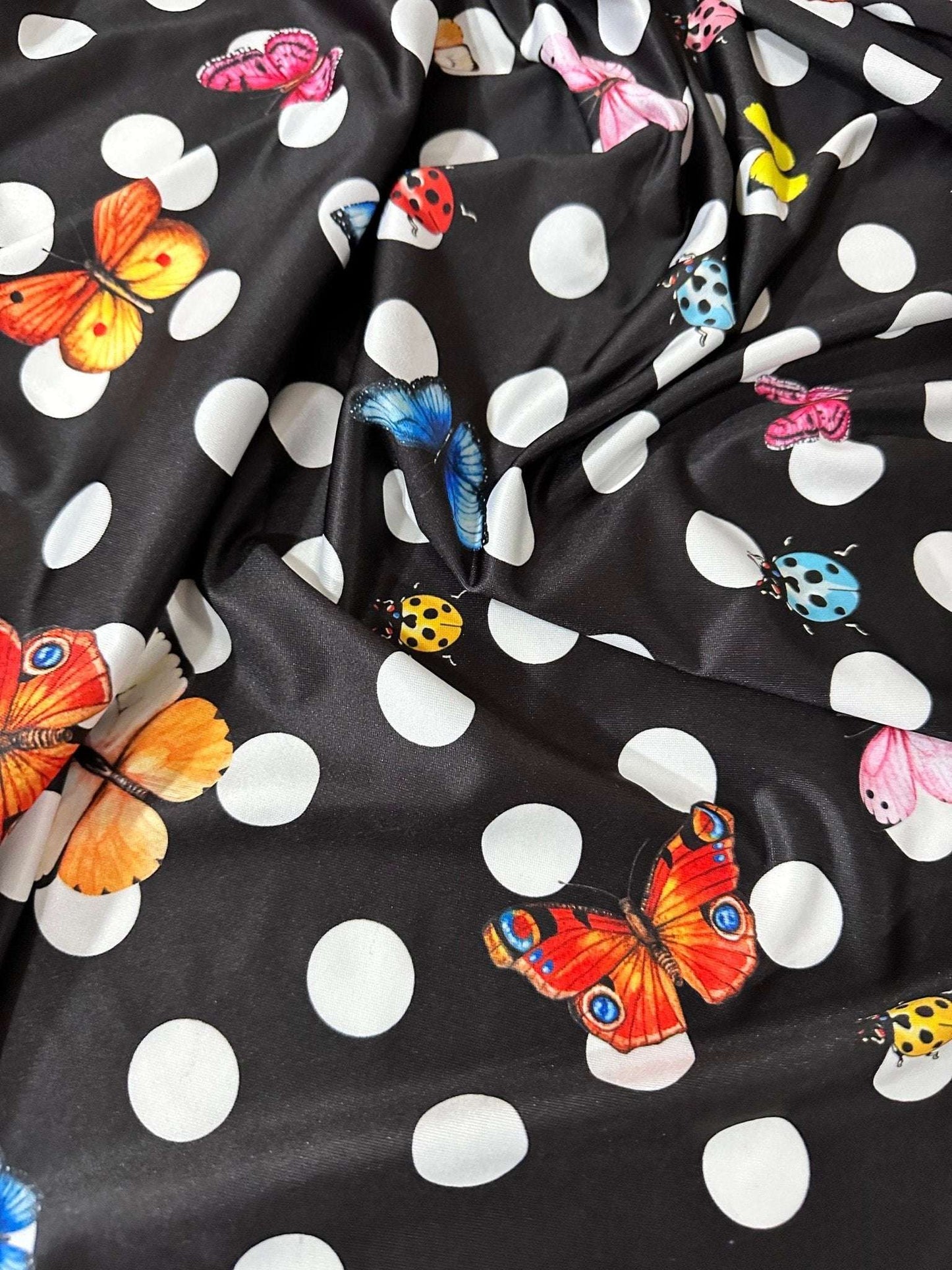 Black Polka Dot Butterfly Fabric – Custom Printed Fabric on Satin, Crepe, Spandex or Chiffon