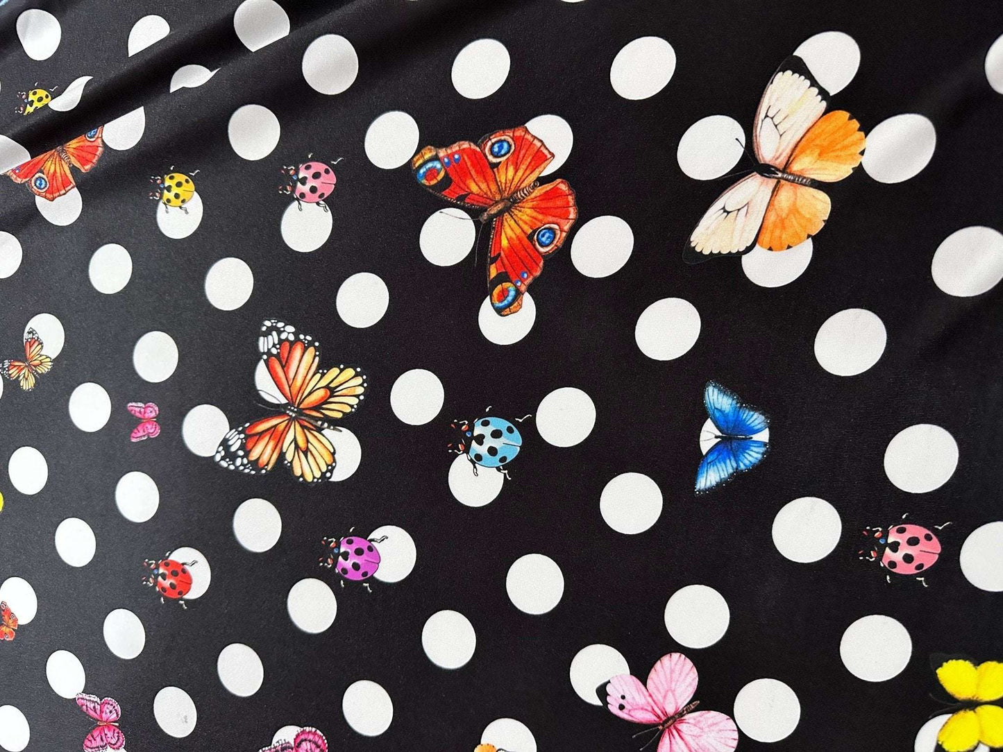Black Polka Dot Butterfly Fabric – Custom Printed Fabric on Satin, Crepe, Spandex or Chiffon