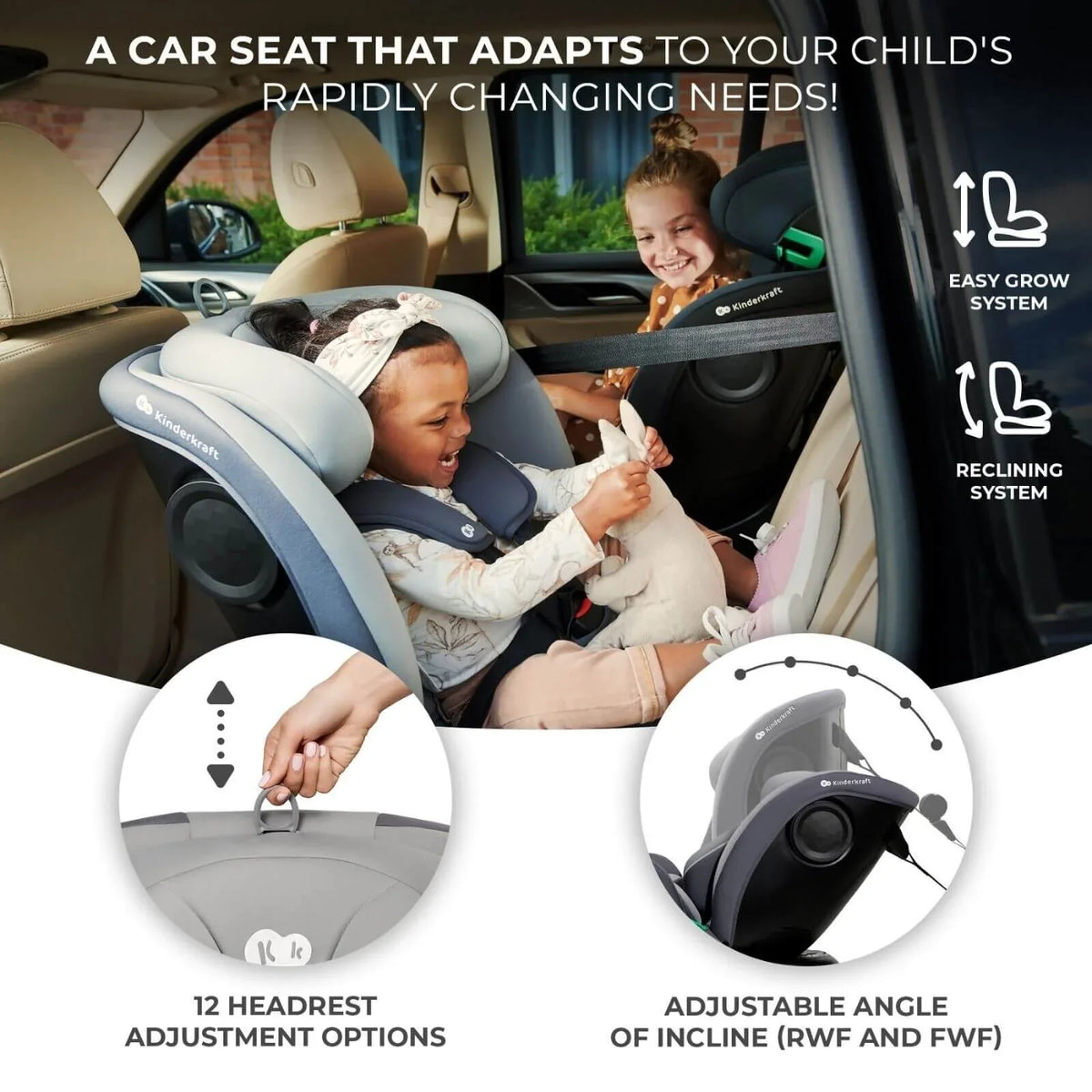 Kinderkraft i-Grow i-Size Car Seat (Birth to 12 Years) - Black