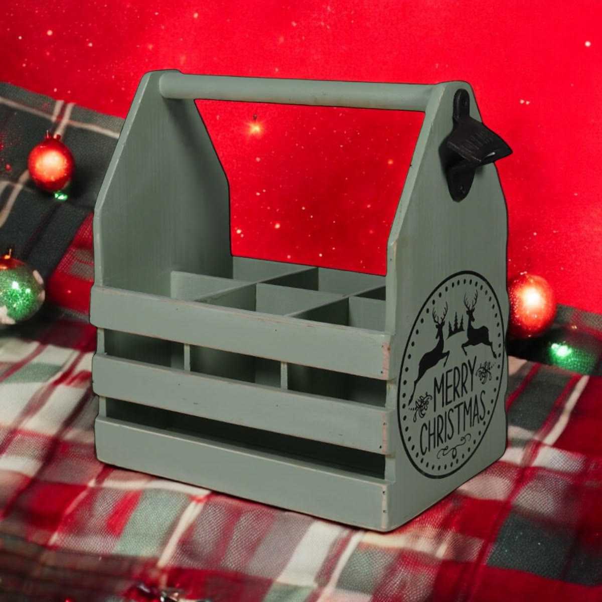 RUSTIC GREEN  6 BOTTLE HOLDER WITH OPENER