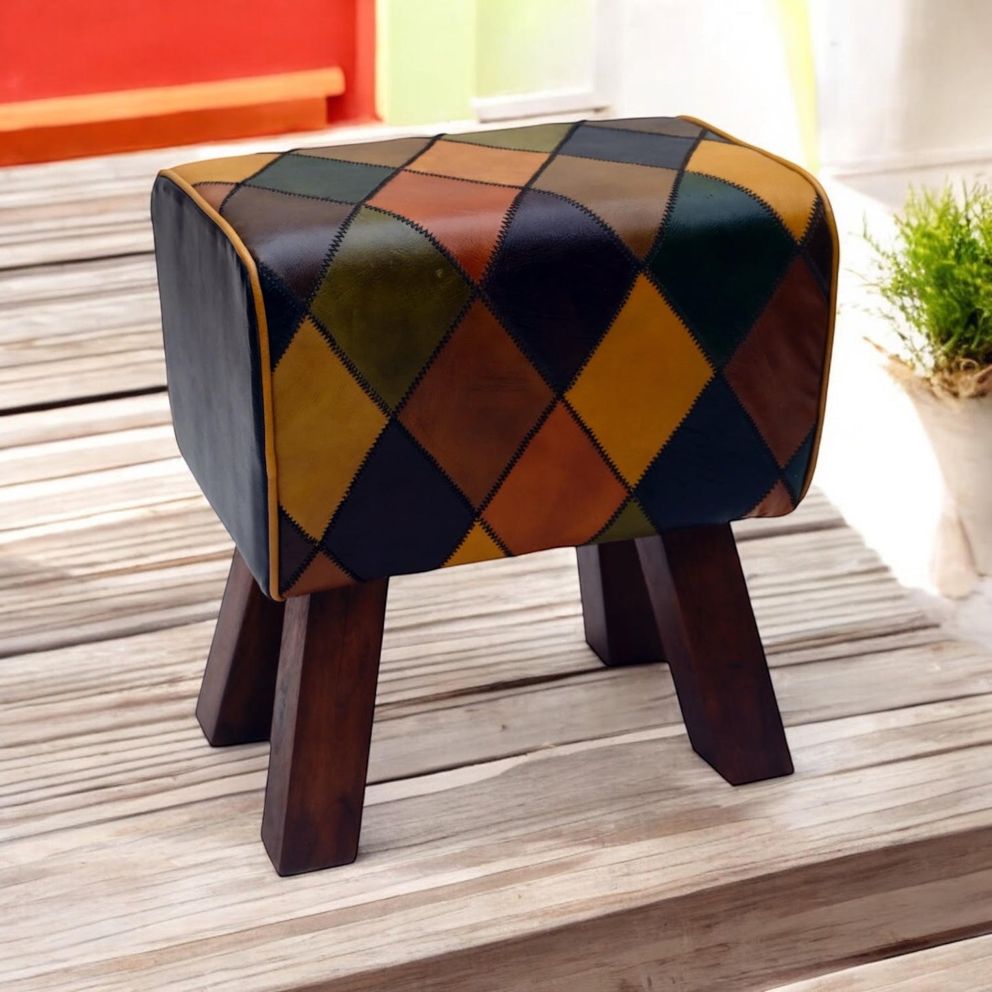 47CM LEATHER STOOL  Harlequin diamond pattern