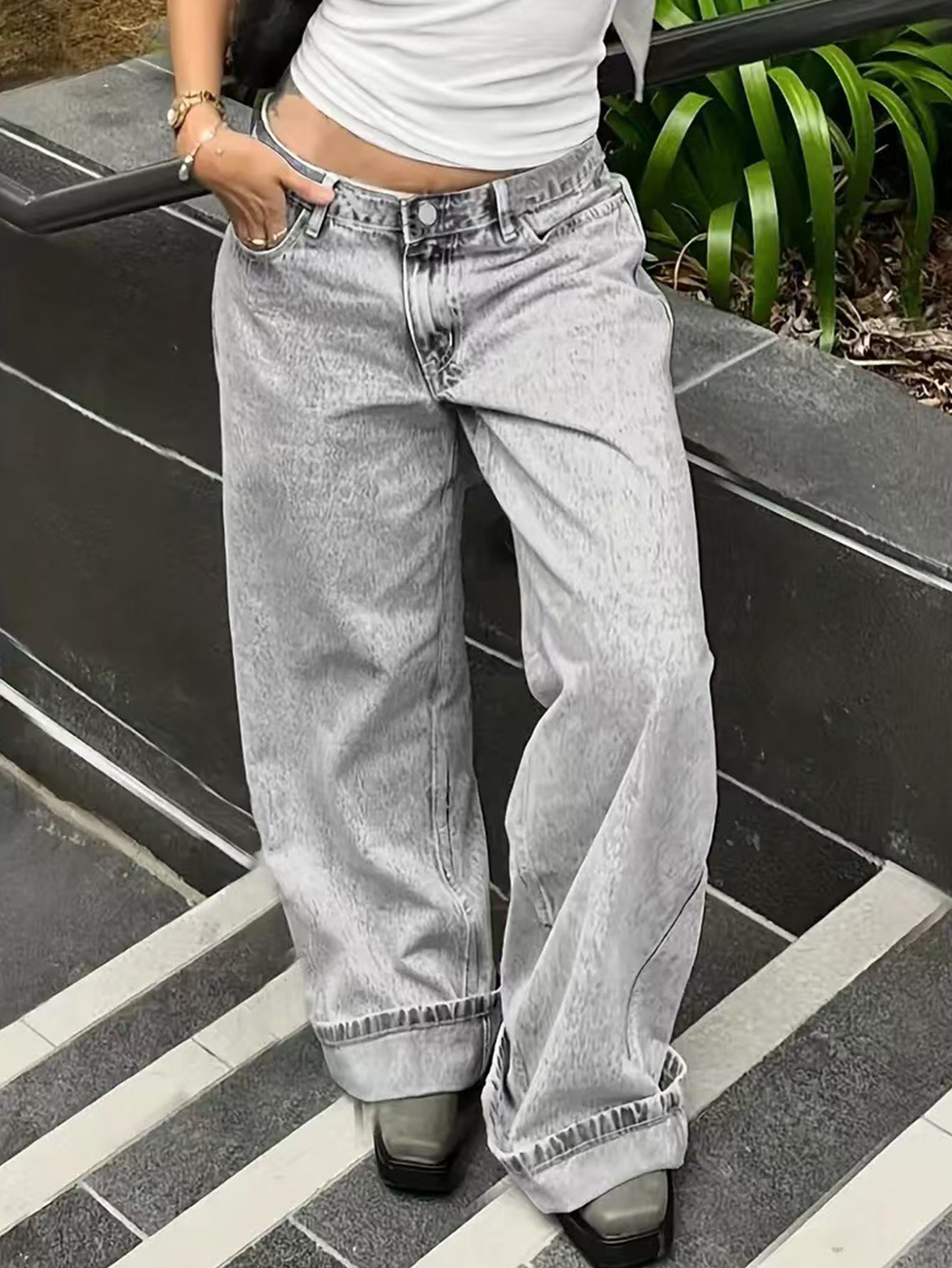Loose Casual Straight-leg Jeans With Side Pockets For Women