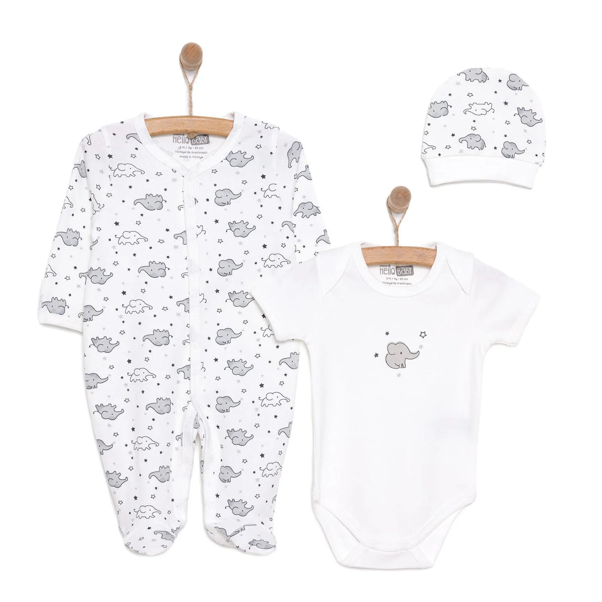 HelloBaby Crew Neck Elephant Print 3 Piece Baby Sleepsuit Set (Newborn to 6 Months)