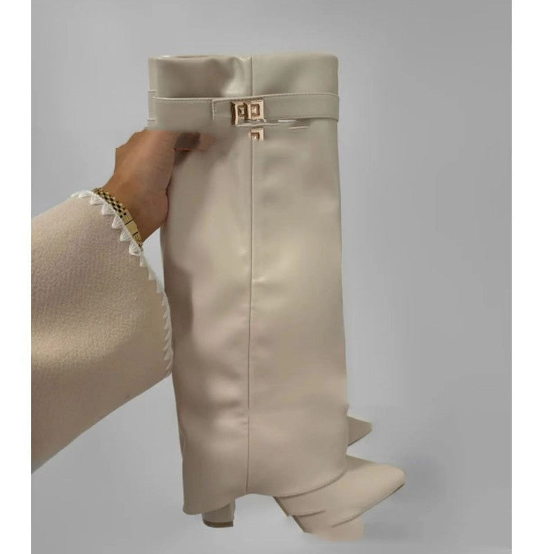 Ins Pant-tube Boots Pointed Toe Chunky Heel Shoes WInter Knight Mid-calf Dress Boot For Women