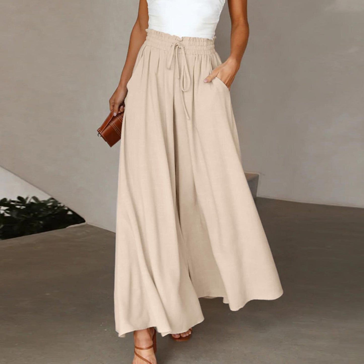 Women's Fashion Wide Leg Elastic Waistband Wide Leg High Waist Long Dress Pants