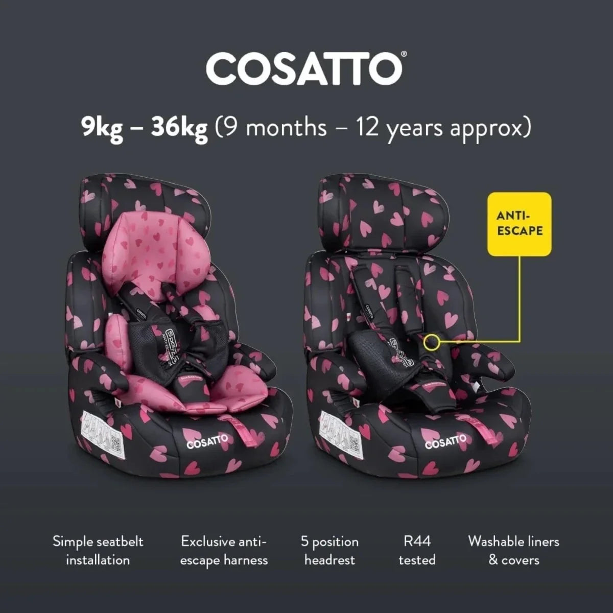 Cosatto Zoomi Group 1/2/3 Car Seat - Charcoal Ligthearted
