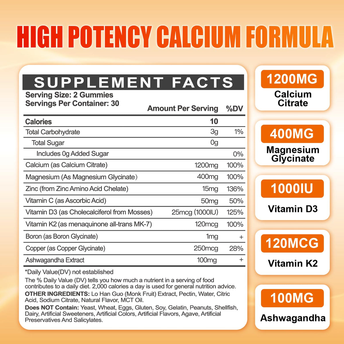Calcium 1200 mg Gummies with Vitamin D3 – Calcium Citrate, K2 & Ashwagandha
