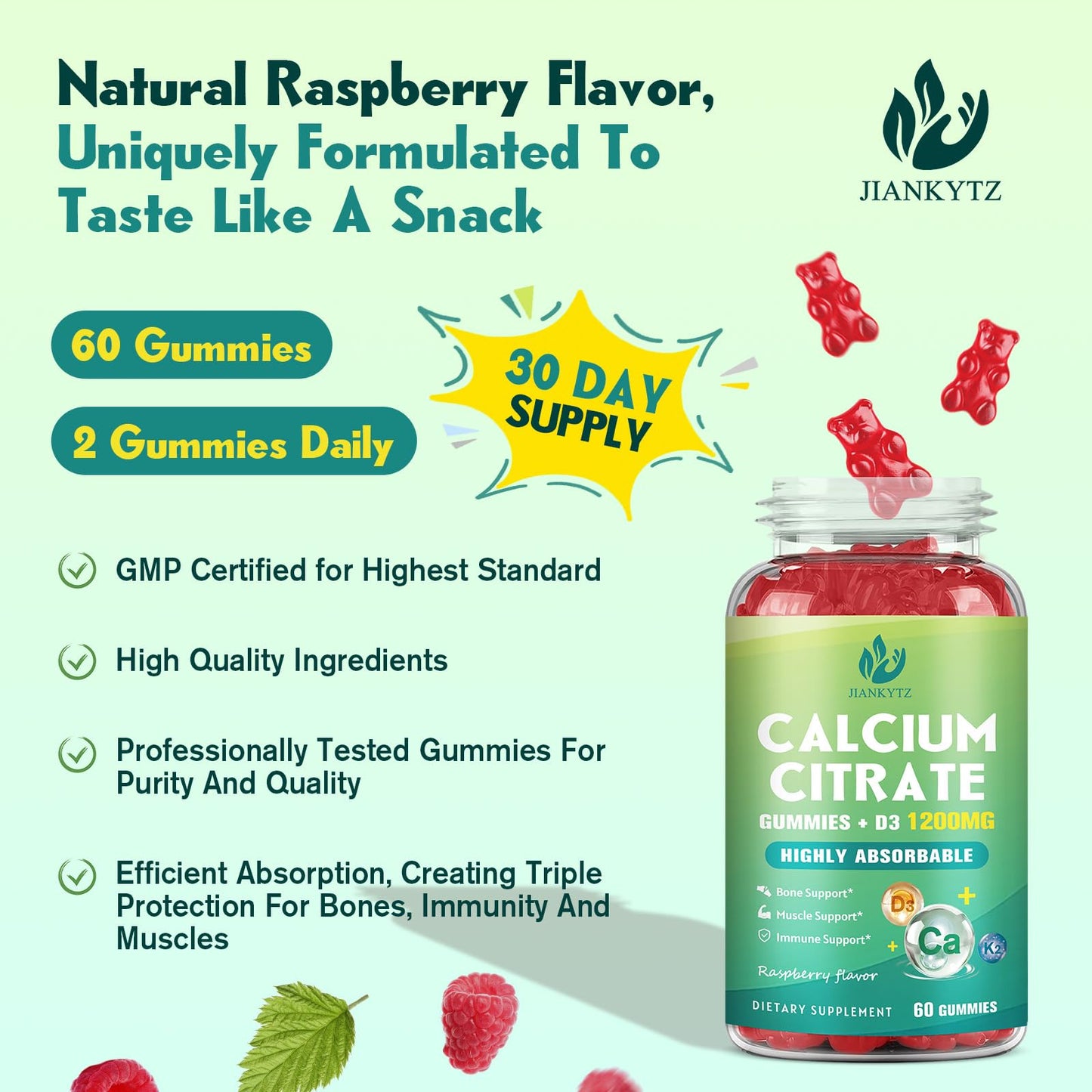 1200mg Calcium Citrate Gummies with Vitamin D3 & K2 – Bone, Muscle & Immune Support | Raspberry