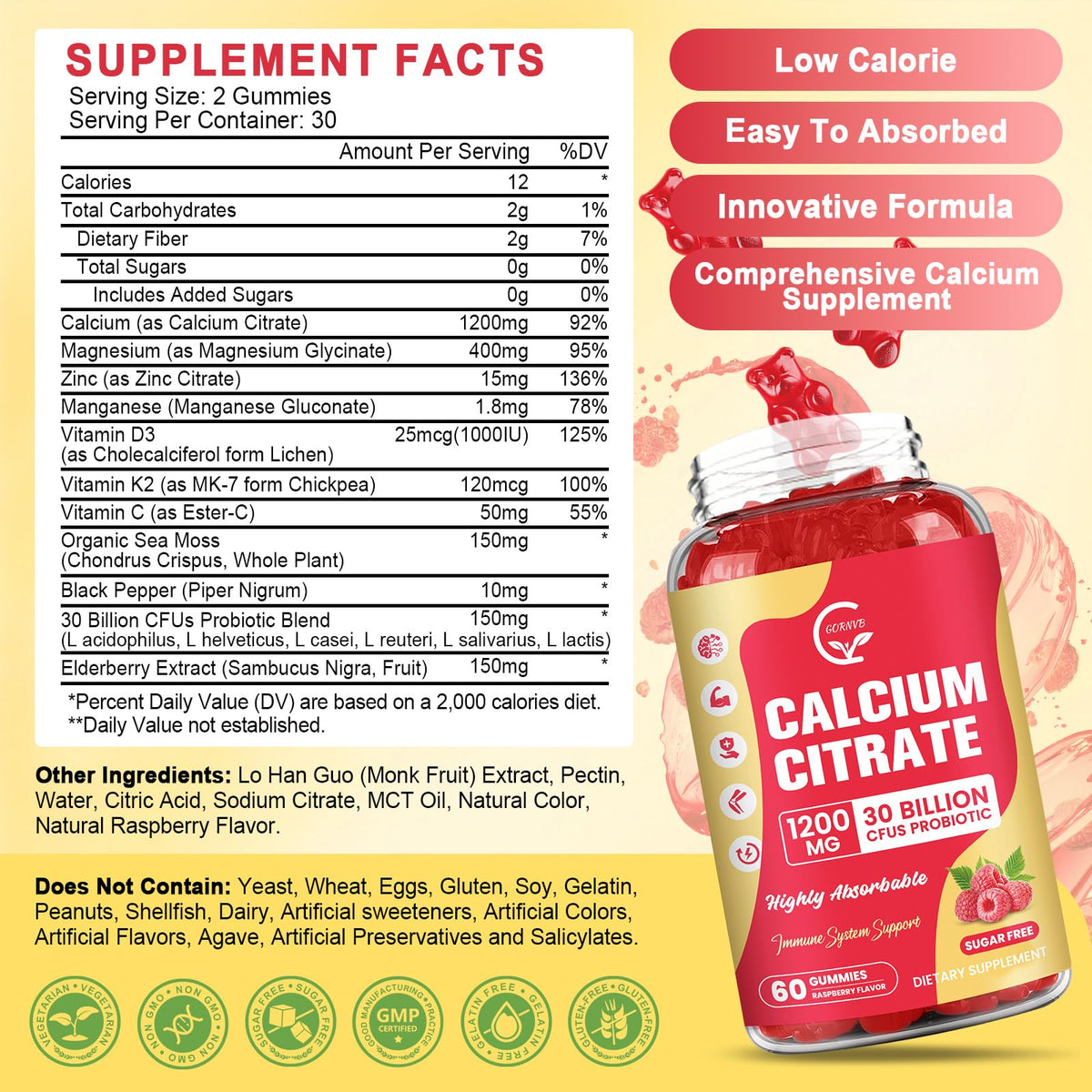 2 Pack Sugar Free Calcium Citrate Gummies 1200 mg – D3, K2, Mg, Zn | Raspberry, 60 Chews