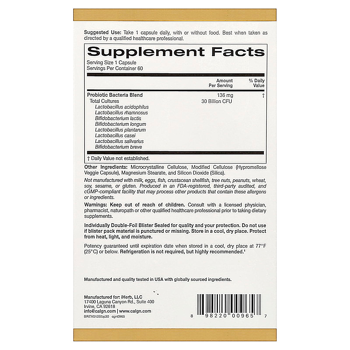 California Gold Nutrition LactoBif® 30 Probiotics – 30 Billion CFU, 60 Veggie Capsules | FloraFIT Probiotics by Danisco