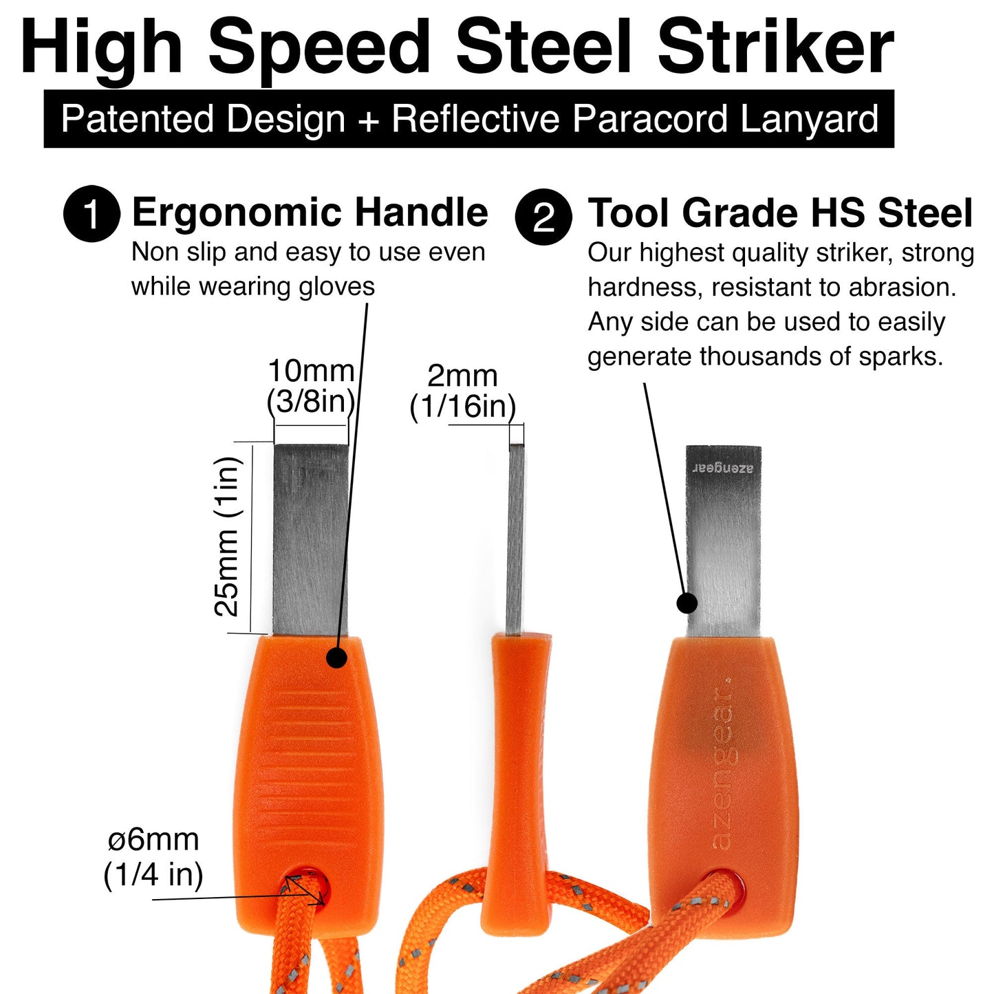 Ferro Rod Fire Starter Kit (10cm x ⌀1cm), Flint and Steel Striker, Fluorescent Paracord - 15,000 Strikes Firesteel Survival Tool for Hiking, Camping and Outdoor Emergency