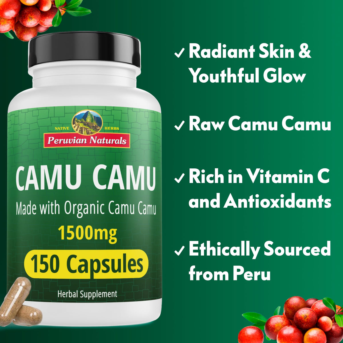 Peruvian Naturals Organic Vitamin C from Camu Camu Capsules 1,500mg - 300 Vegan Pills, Natural Vitamin C from Whole Food Camu Berry Organic, Non-GMO