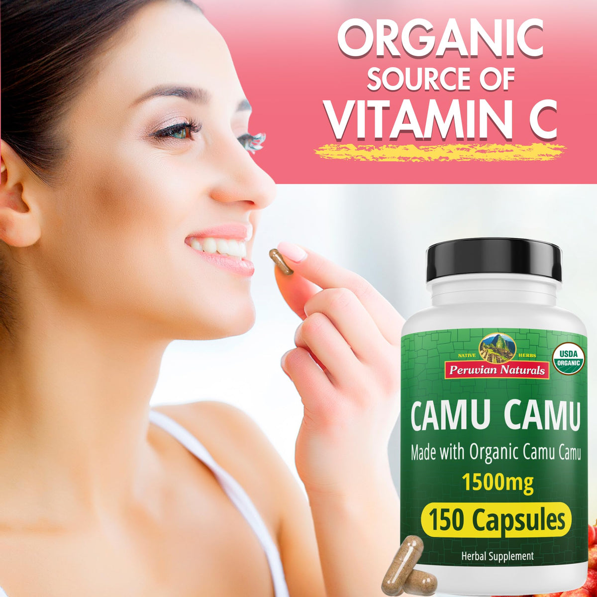 Peruvian Naturals Organic Vitamin C from Camu Camu Capsules 1,500mg - 300 Vegan Pills, Natural Vitamin C from Whole Food Camu Berry Organic, Non-GMO